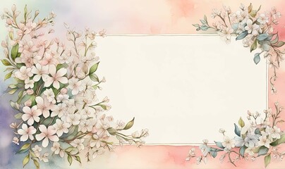 Obraz na płótnie Canvas Greeting card. watercolor illustration of a large space for a note with colorful tiny jasmine flowers on a soft pastel background with a hint of floral pattern.