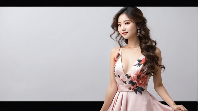 Stylish pretty attractive charming young japanese woman in formal dress on plain white background from Generative AI