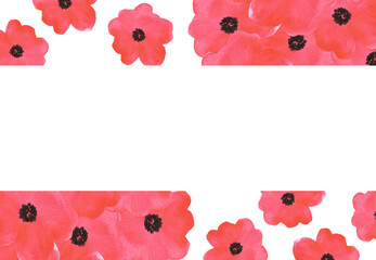 Hand drawn watercolor red poppy flowers bouquet frame border isolated on white background. Can be used for business card, banner and other printed products.
