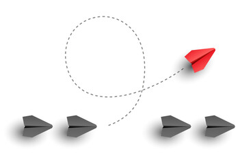 Individuality concept. Individual and unique leader red paper plane flies to side. Vector illustration