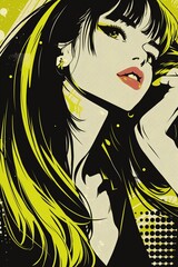 Retro Glamour: Halftone Vector Graphic of Beautiful Japanese Woman with Long Chartreuse Hair, Sporting Fashionable Film Noir Vibes and 60s-70s Makeup