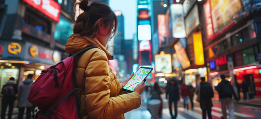 A tourist walking in Japan. Using gps location to get around the city.