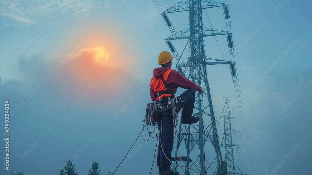 Aufkleber Worker work on high altitude equipment in power transmission between towers. Generative AI.