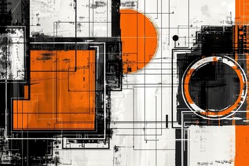 Contemporary Composition: Stylized Black and White Abstract Stencil Image Featuring Orange Digital Storage, Birds Eye View, Symbolizing Modern Storage Technology and Repetitive Elements