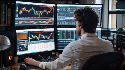 Trader in front of computer screens with a clear uptrend candlestick graph. Generative AI.