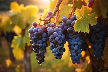 Ripe wine grapes on Wine farm during a sunset warm light.