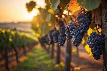 Naklejka premium Ripe wine grapes on Wine farm during a sunset warm light.