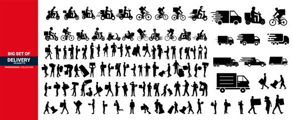 Food Delivery Related vector line art icons set, courier on bike, food box icons.