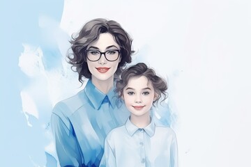 Generative AI image of a smiling mother and daughter in blue outfits, showcasing a close bond with a soft, abstract blue background