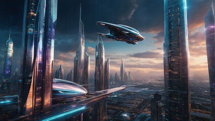 Futuristic cityscape with holographic skyscrapers and flying cars. - obrazy, fototapety, plakaty