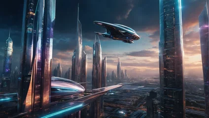 Foto op Canvas Futuristic cityscape with holographic skyscrapers and flying cars. © xKas