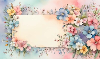 Greeting card. watercolor illustration of a large space for a note with colorful tiny spring flowers on a soft pastel background with a hint of floral pattern.