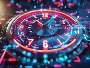 Futuristic Digital Time Concept Art, A vibrant digital clock concept with glowing neon lights and futuristic technology elements.