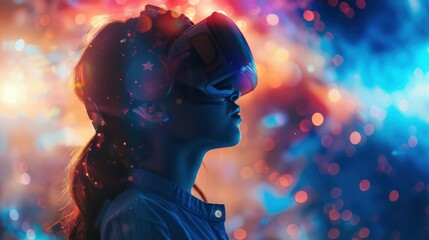 Woman Experiencing Virtual Reality Immersion, A woman wearing a virtual reality headset, surrounded by a mesmerizing swirl of bokeh lights and digital particles.