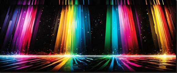 Wide angle panoramic view of abstract rainbow colored flash of bright sparkling light rays on plain black background from Generative AI