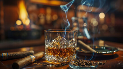 Brandy or whiskey in clear glass with ice cubes. Alcoholic beverages are placed on wooden coasters. Bar drink concept Cigarettes or cigars placed in the ashtray. 3D rendering. Generative AI - obrazy, fototapety, plakaty