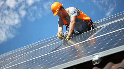 Solar power engineer installing solar panels, on the roof, electrical technician at work
