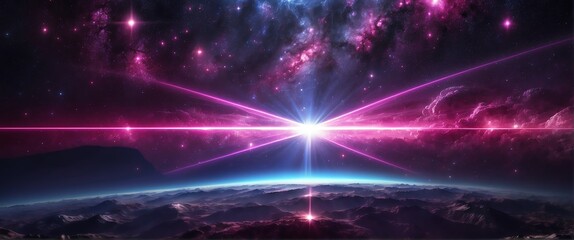 Fototapeta na wymiar Wide angle panoramic view of pink laser light beam on dark space universe cosmos background from Generative AI