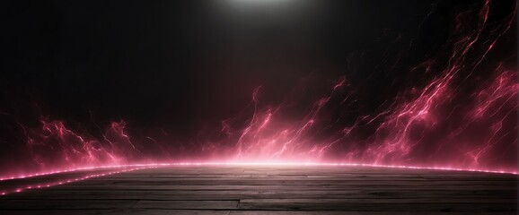 Wide angle panoramic view of pink light beams on smoky texture spotlight on plain black background from Generative AI
