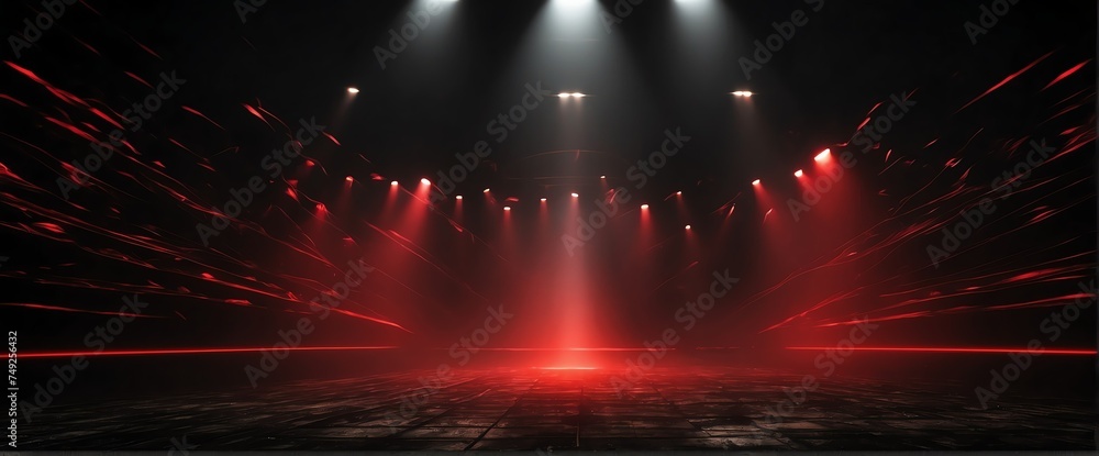 Aufkleber wide angle panoramic view of red light beams on smoky texture spotlight on plain black background fr