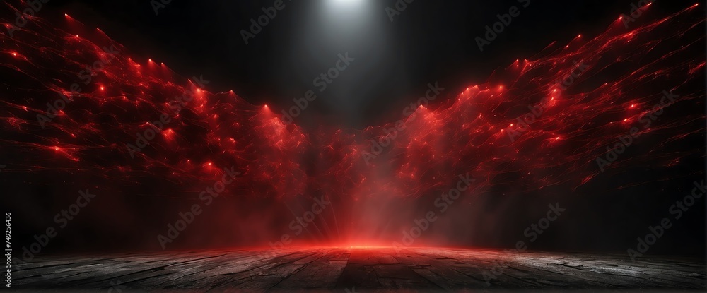 Poster wide angle panoramic view of red light beams on smoky texture spotlight on plain black background fr