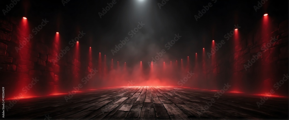 Aufkleber wide angle panoramic view of red light beams on smoky texture spotlight on plain black background fr