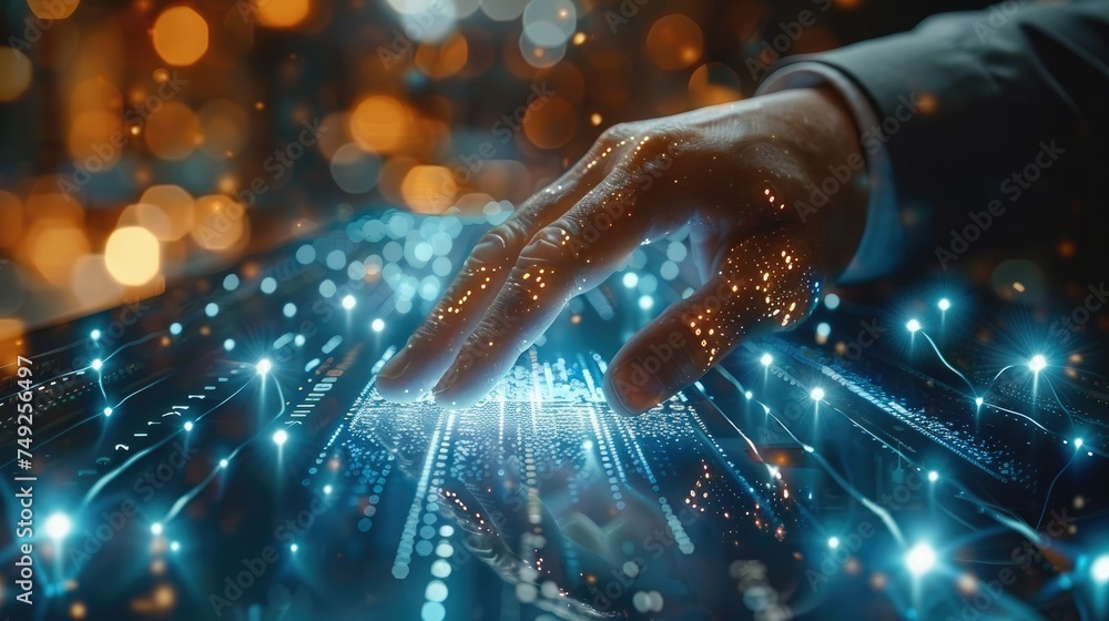 Poster businessman touching diagram hologram, business graph, business man touching on infographic hud pane