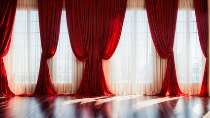 Room with red curtains and a large window  background made of big curtains