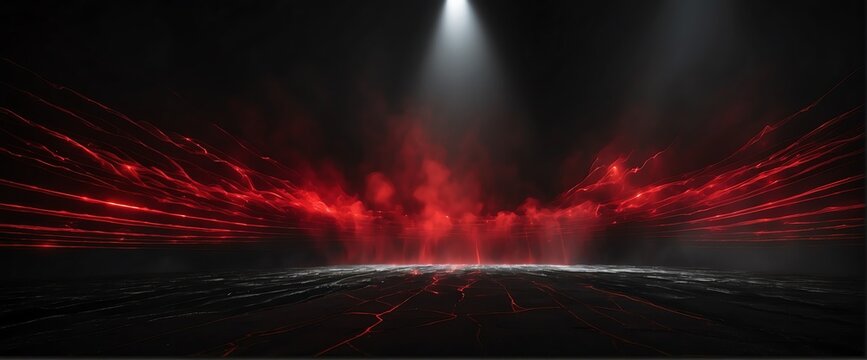 Wide angle panoramic view of red light beams on smoky texture spotlight on plain black background from Generative AI