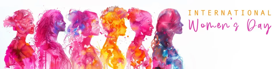 Foto auf Acrylglas Happy international women's day concept,  8th March 2024 greeting card with text - Watercolor painting silhouette of beautiful women in their diversity, isolated on white background banner panorama © Corri Seizinger