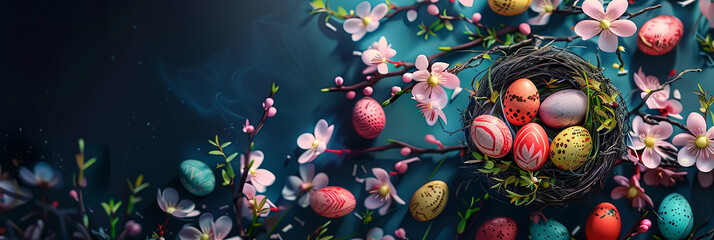 Happy Easter concept with easter eggs in nest and spring flowers. Easter background with copy space. Flat lay,easter banner,happy easter background. - obrazy, fototapety, plakaty