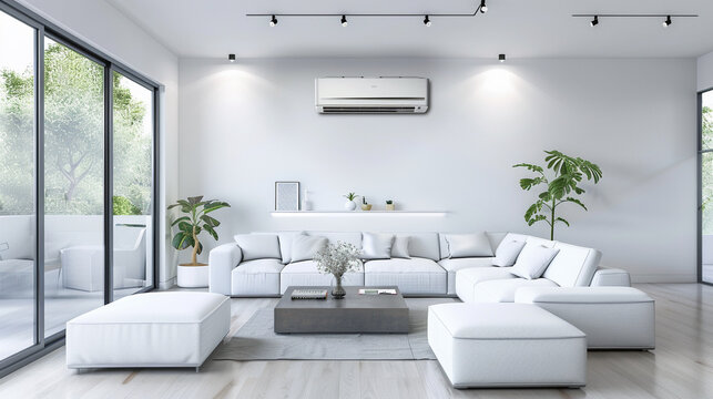 Illustration 3D rendering large luxury modern bright interiors Living room mockup computer digitally generated image. Generative AI