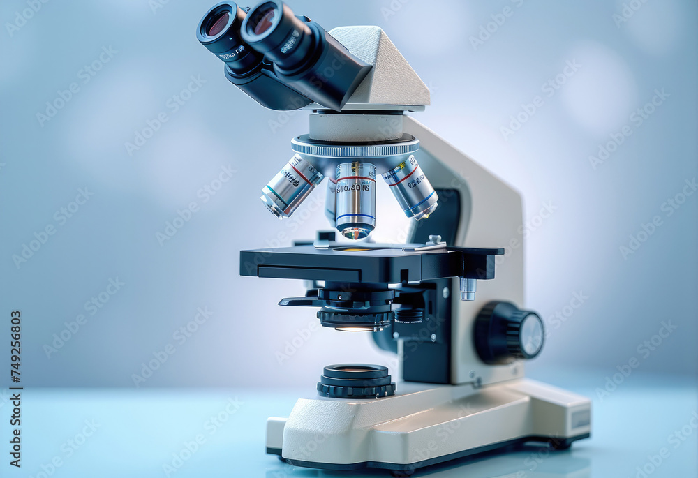 Poster close-up shot of microscopes on the clean background. generative ai.