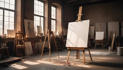 Empty canvas on easel in a artist warehouse