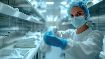 Doctor cleaning medical equipment with wet wipe. Generative AI.