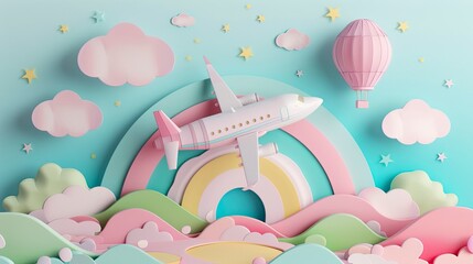 Plane cloud rainbow paper cut style - Powered by Adobe