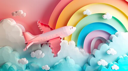 Plane cloud rainbow paper cut style - obrazy, fototapety, plakaty