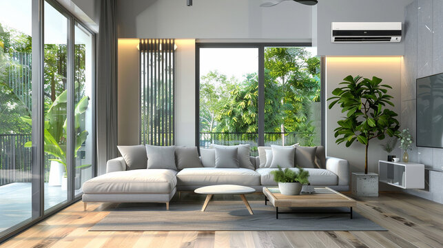 Illustration 3D rendering large luxury modern bright interiors Living room mockup computer digitally generated image. Generative AI
