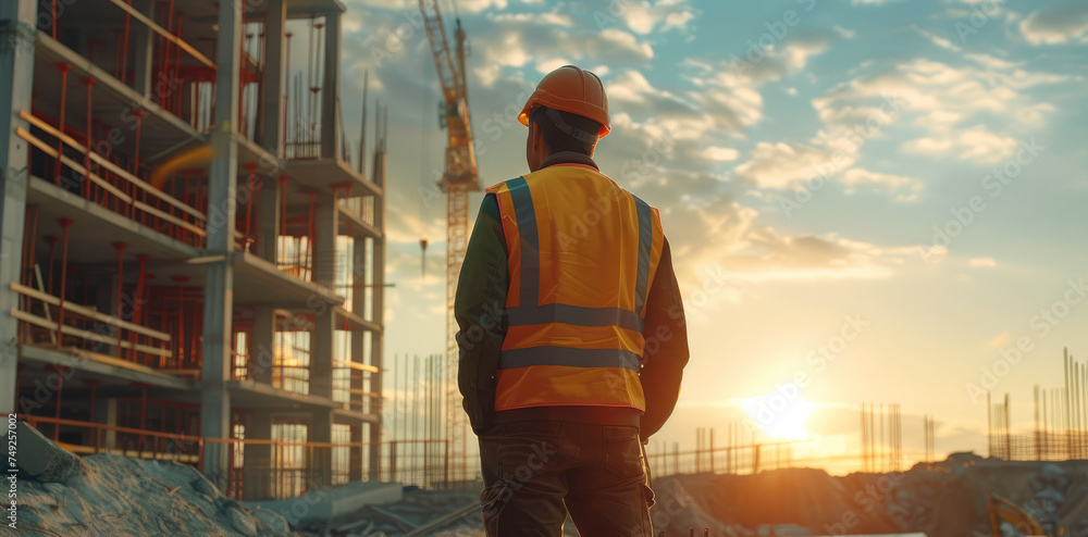 Poster construction engineer working on building site. generative ai.