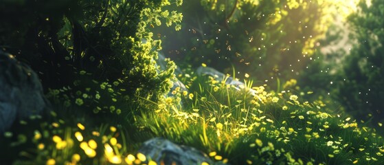 Fototapeta na wymiar Sun Shines Through Trees and Grass