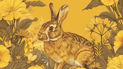 Obraz premium Floral Frames: A Rabbit in the Yellow Hues of an Indian Jungle