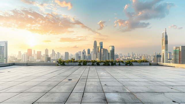 Empty floor with city skyline. Generative AI 