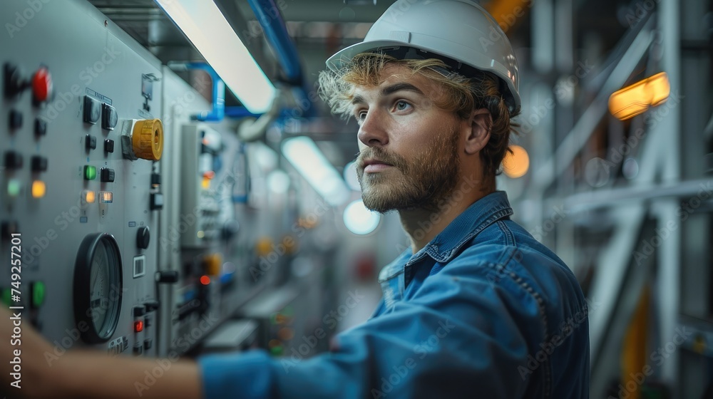 Poster Electrical engineer stands with a sense of purpose in front of a control panel within a standard factory. Generative AI.