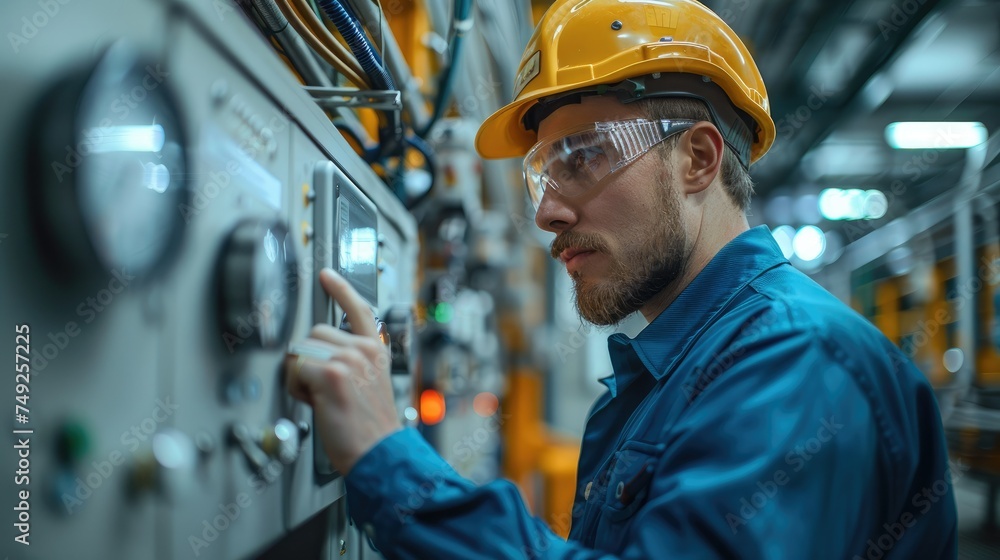 Fototapete Electrical engineer stands with a sense of purpose in front of a control panel within a standard factory. Generative AI.