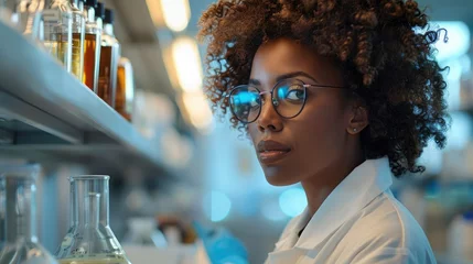 Poster Afro American scientist woman working in pharmacy laboratory. Generative AI. © visoot