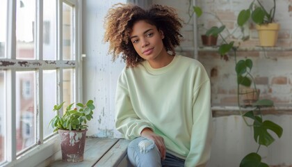 Woman Sitting on Window Sill Next to Potted Plant