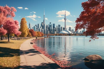 A picture of Toronto City Skyline View with park and urban buildings with lake Generative AI - obrazy, fototapety, plakaty