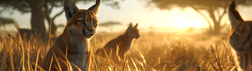 Caracal family in the savanna with setting sun shining. Group of wild animals in nature. Horizontal, banner. - obrazy, fototapety, plakaty