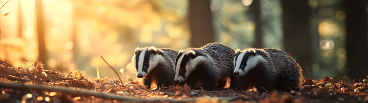 Badgers standing in the forest in the evening with setting sun shining. Group of wild animals in nature. Horizontal, banner.