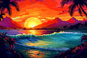a sunset over a sea beach